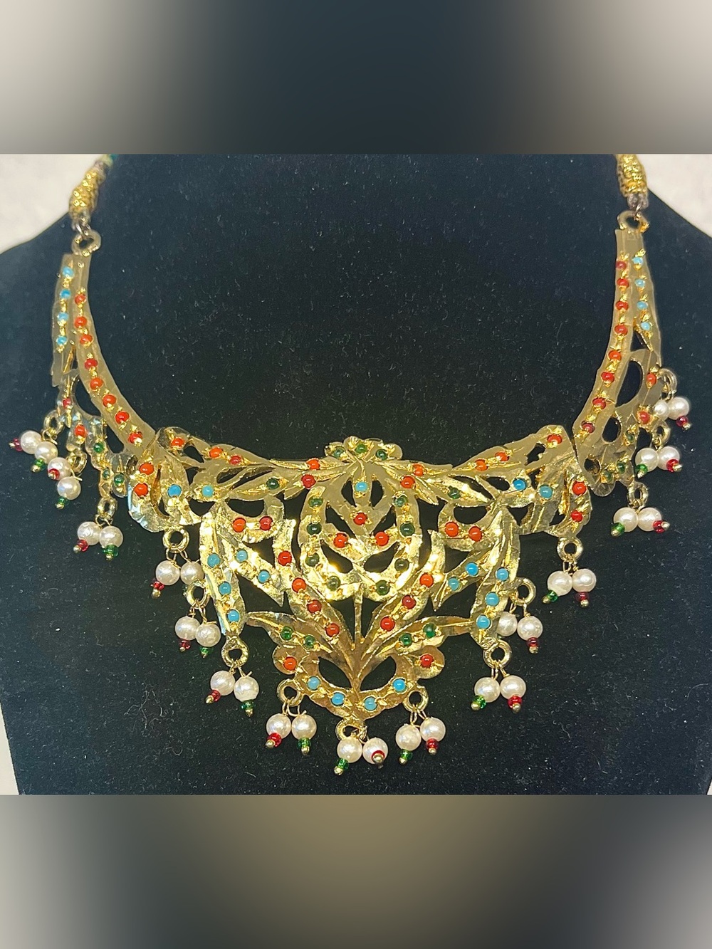 Vintage Indian Gold-Tone Multicolor Beaded Statement Necklace